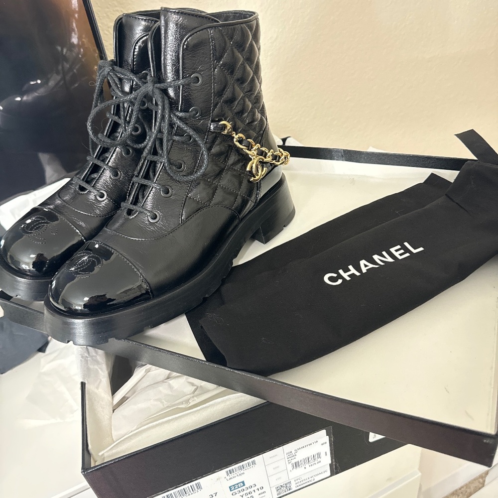 Chanel Lace Up CC Chain Boots